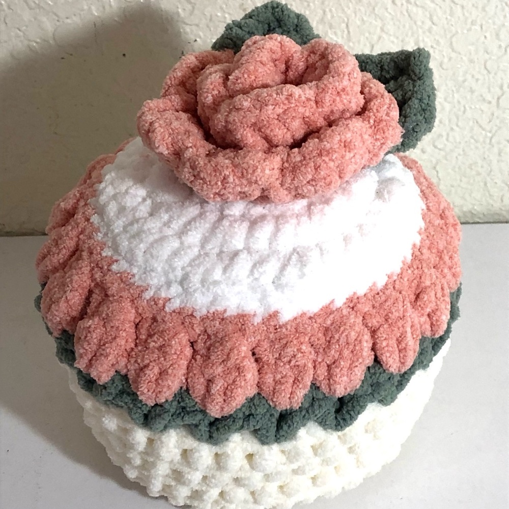 Hand Crochet Personal Size Cake with Rose on Top